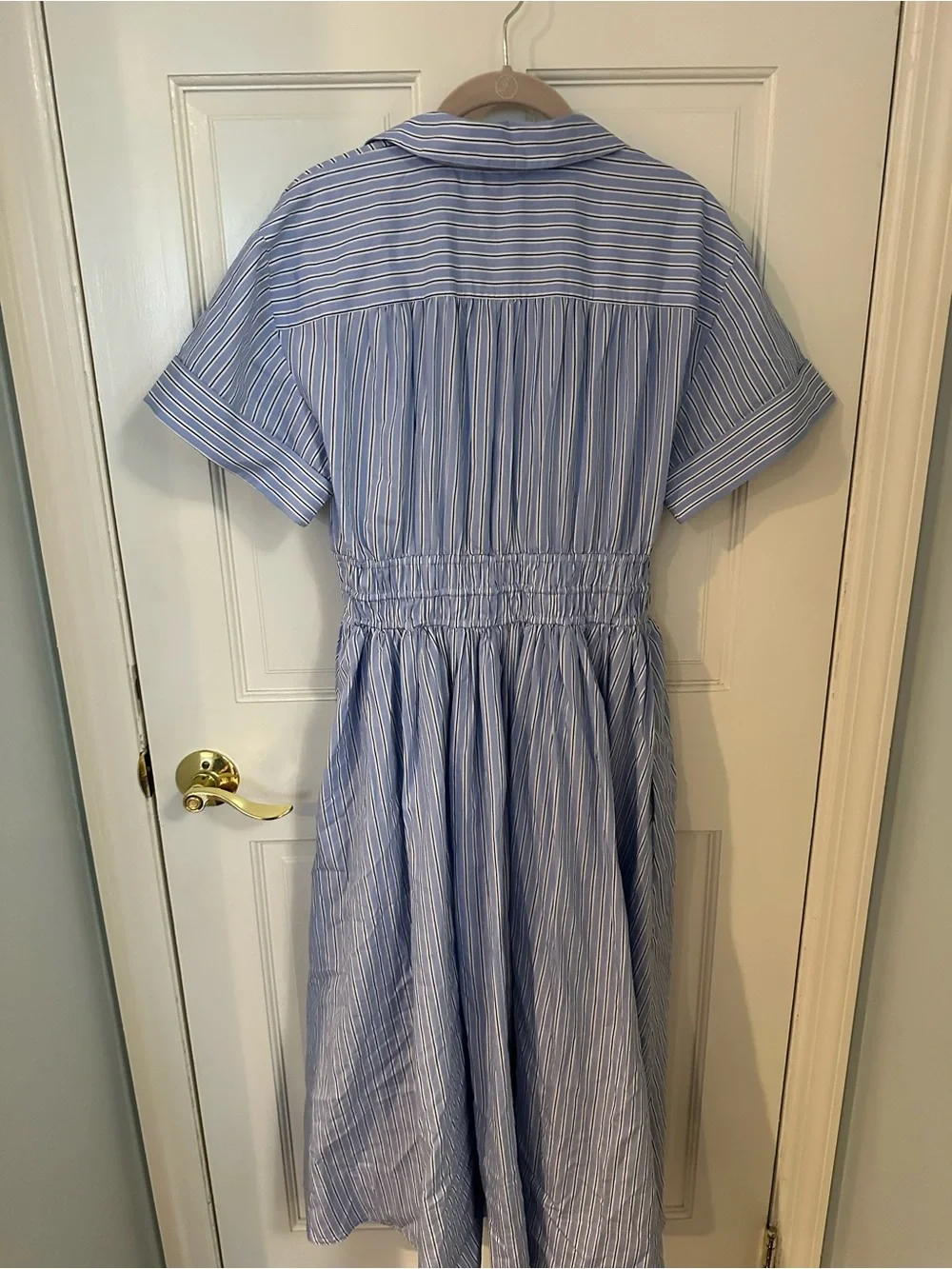 J. Crew Elena dress.  Light Blue Striped Maxi Shirtdress with Cinched Waist